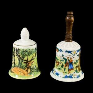 VTG W. German Porcelain Bells SPM Walkure Story & Zehender Deer-2 Lot, Wear/Chip